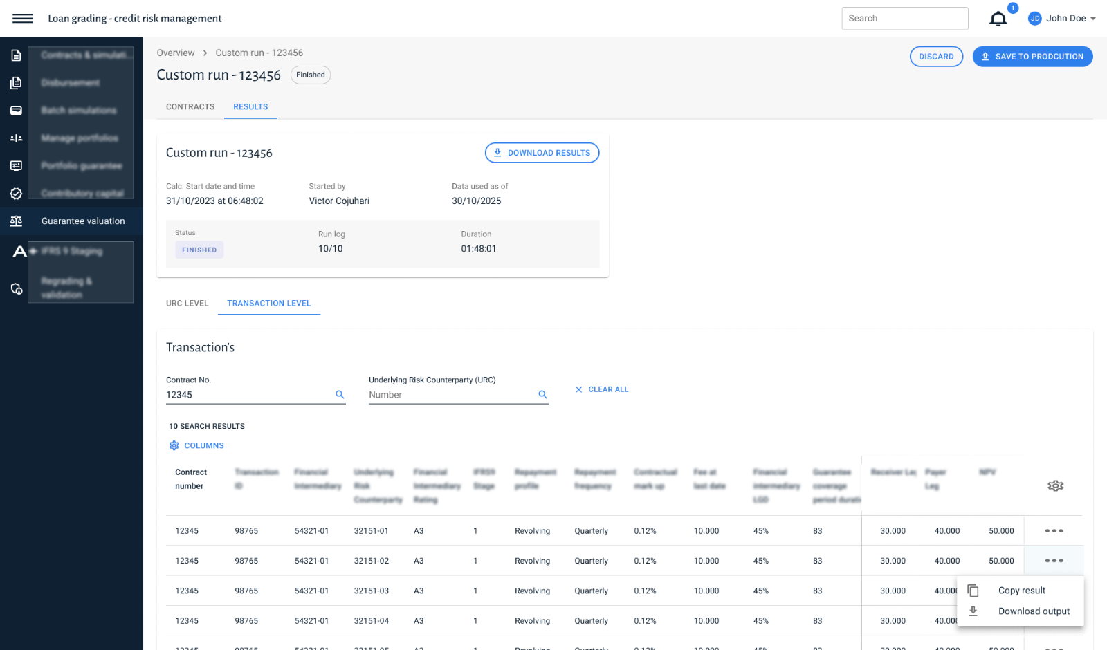 Loan Grading custom run screen, showing a finished guarantee valuation run with transaction-level results and dummy data
