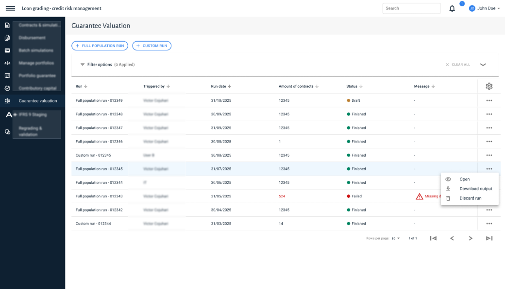 Loan Grading guarantee valuation overview, showing a list of runs with dummy data