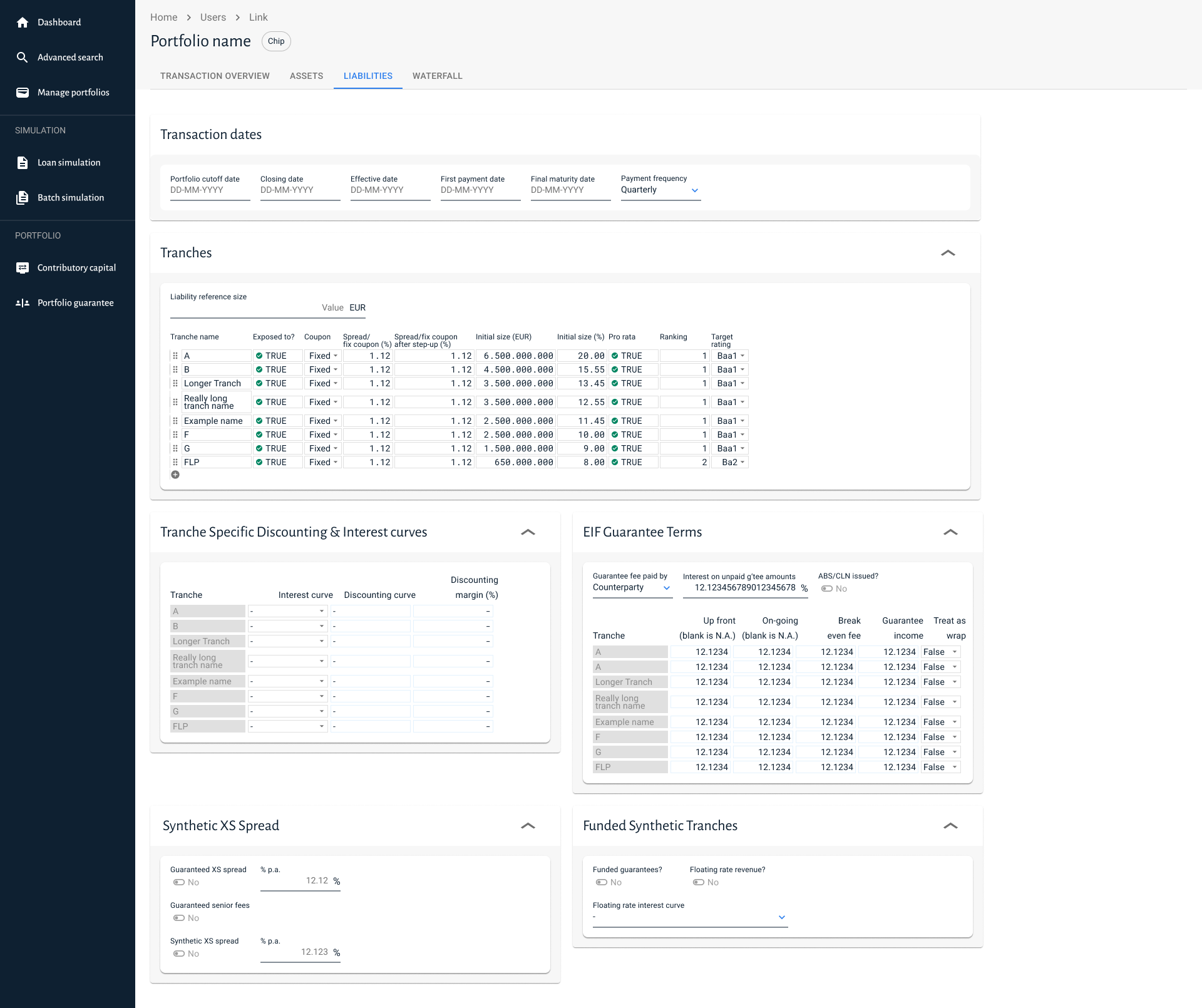 BMvX Liabilities screen, showing tranche structure and transaction dates with confidential figures blurred