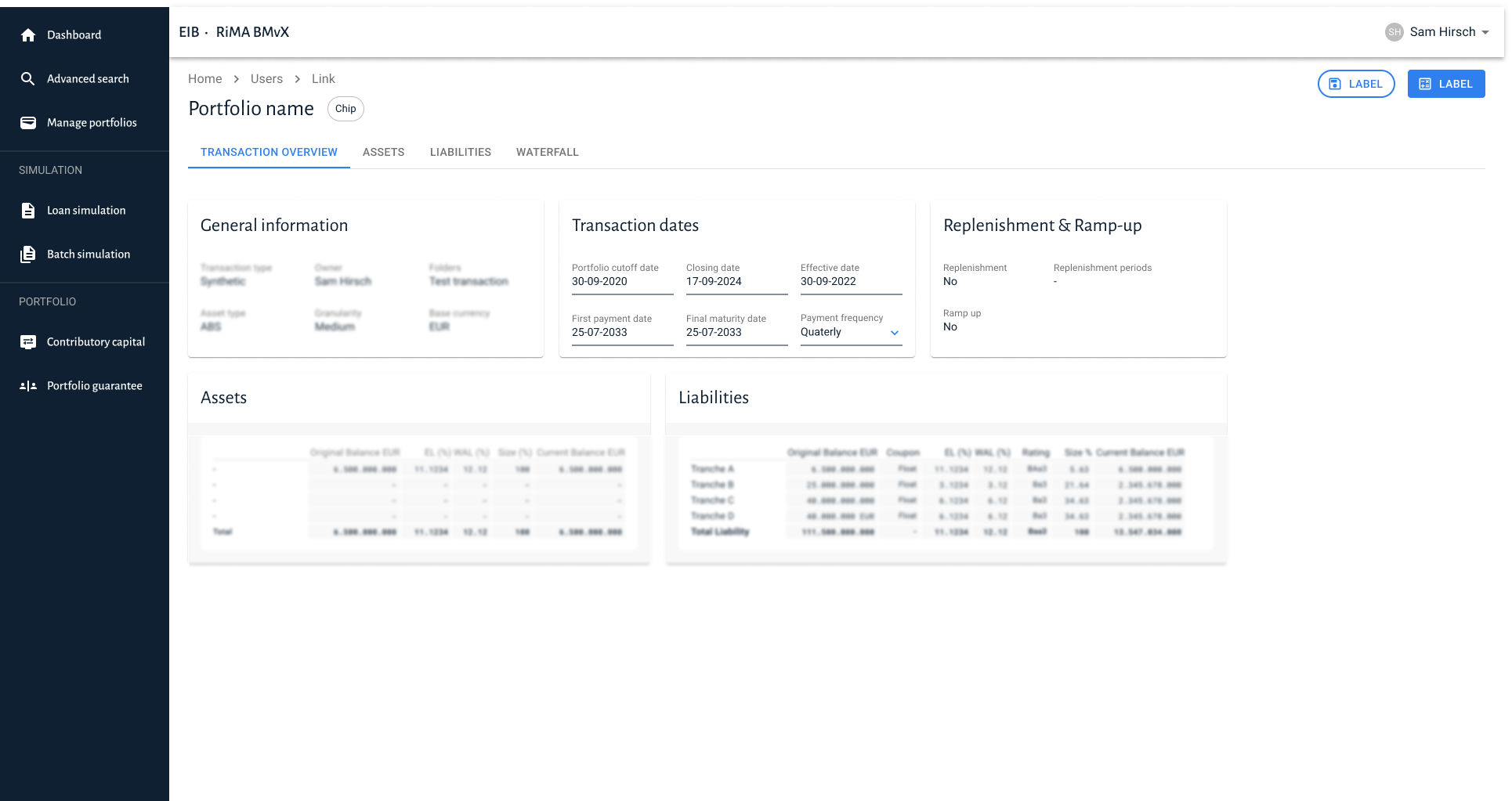 BMvX Transaction Overview screen, showing assets and liabilities summary tables with confidential figures blurred