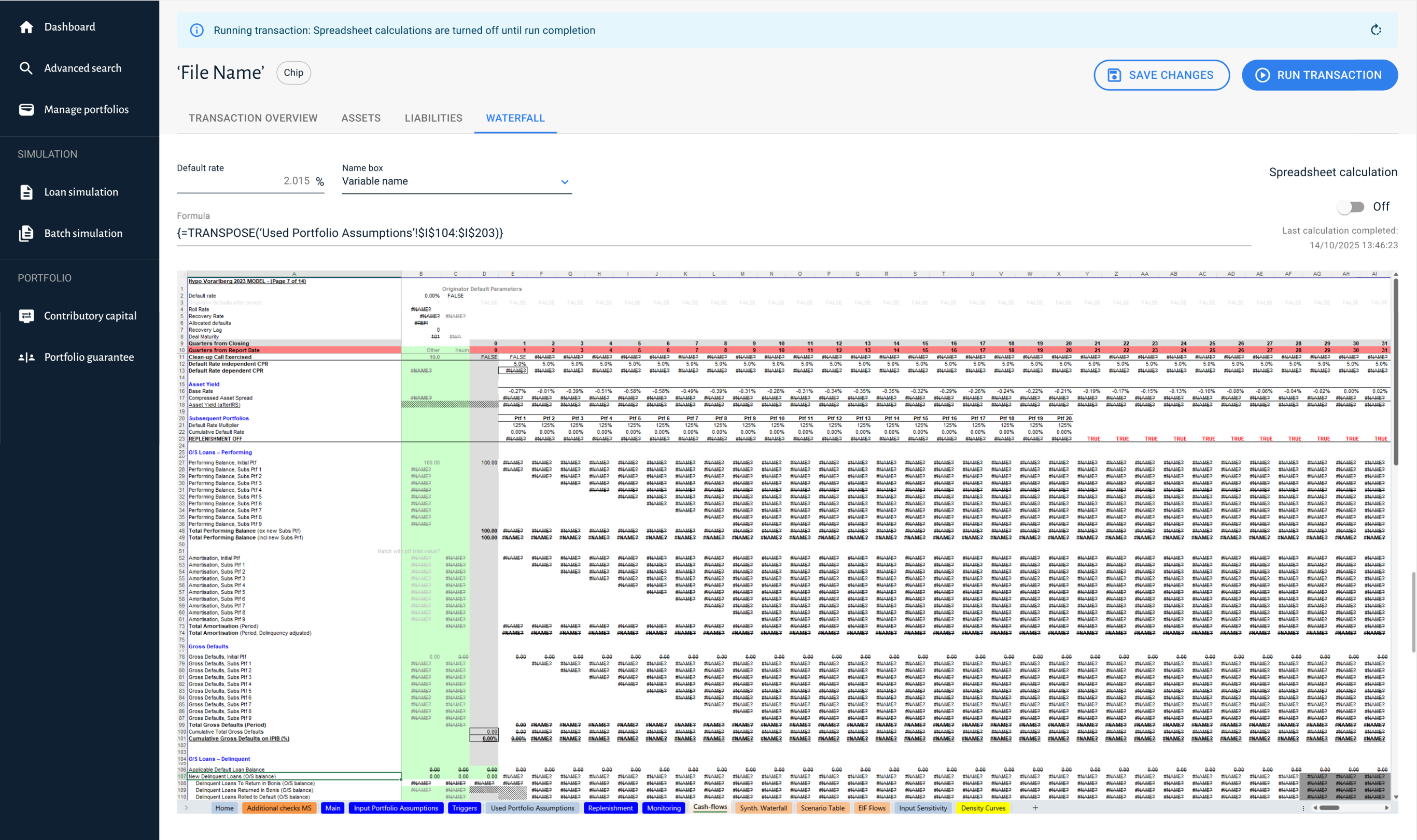 BMvX Waterfall tab with an embedded Excel-style spreadsheet grid, confidential figures blurred