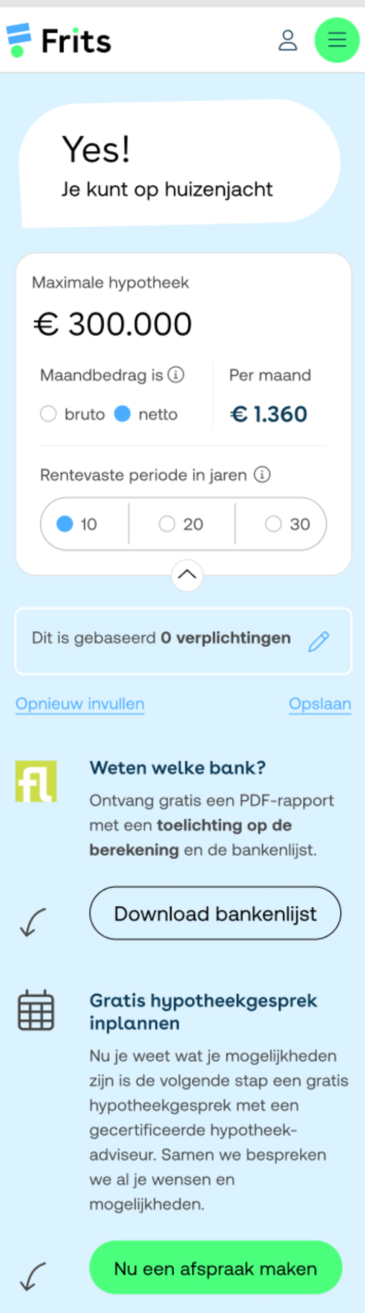 Result screen: maximum mortgage and monthly cost