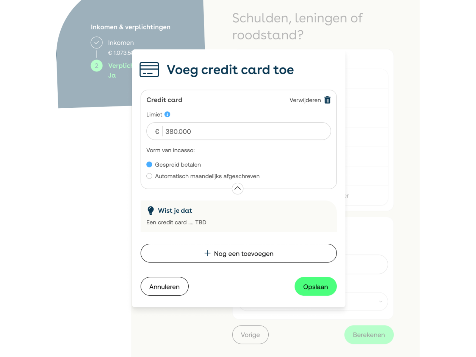 "Voeg credit card toe" debts modal, with a plain-language did-you-know note
